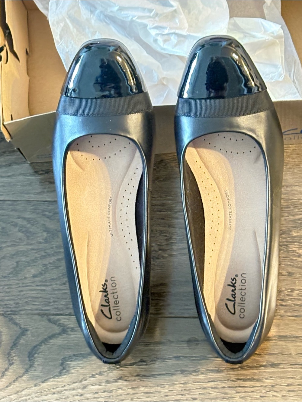 New in box Clarks Black Leather Flats with Patent Cap-Toe